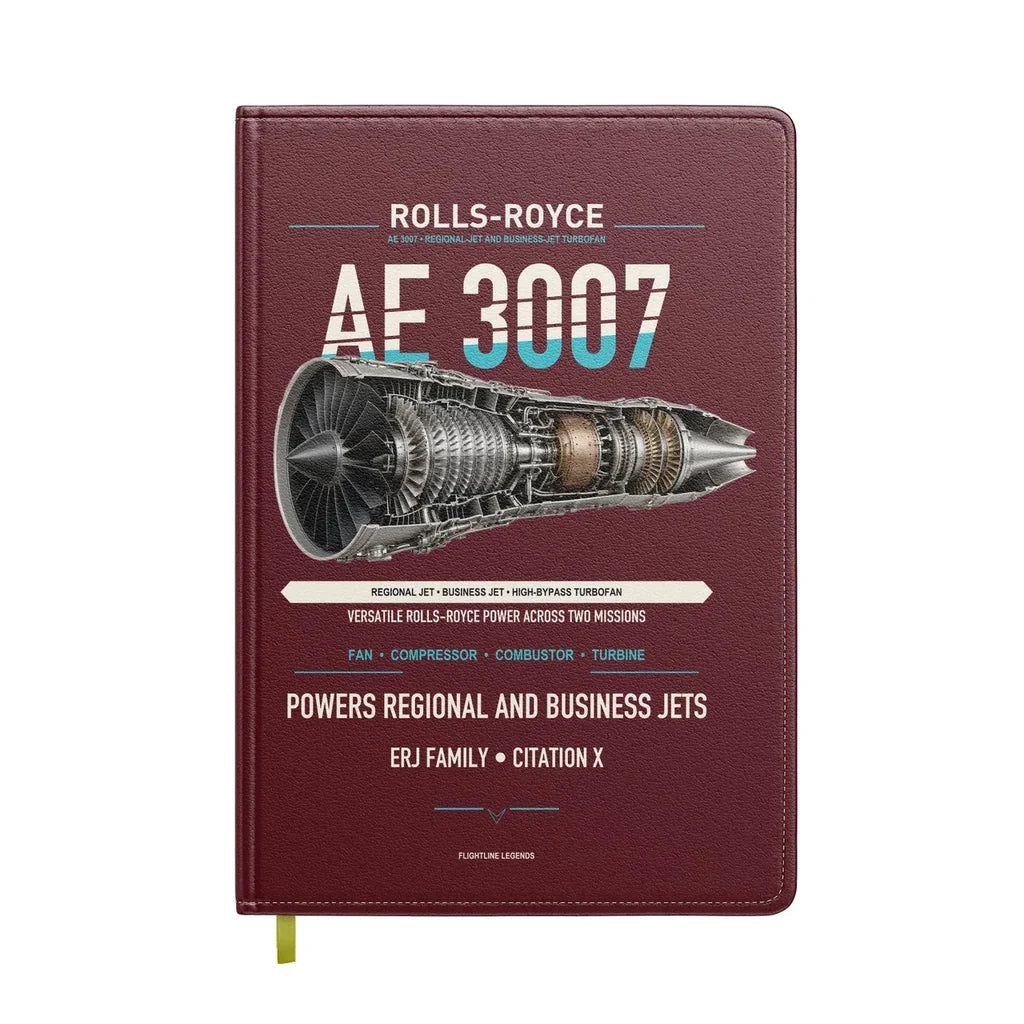 AE 3007 design on dark red notebook