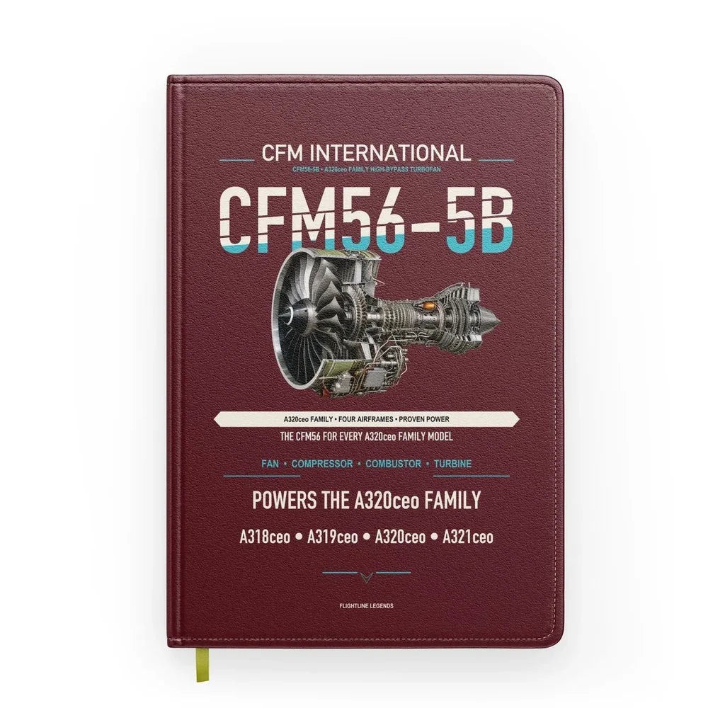 CFM56-5B design on dark red notebook