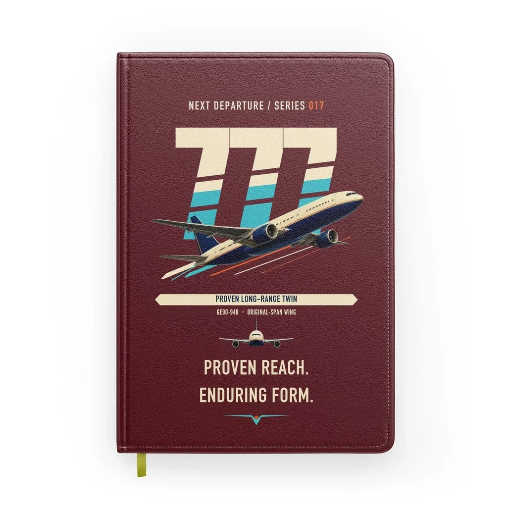 Boeing 777-200ER design on dark red notebook