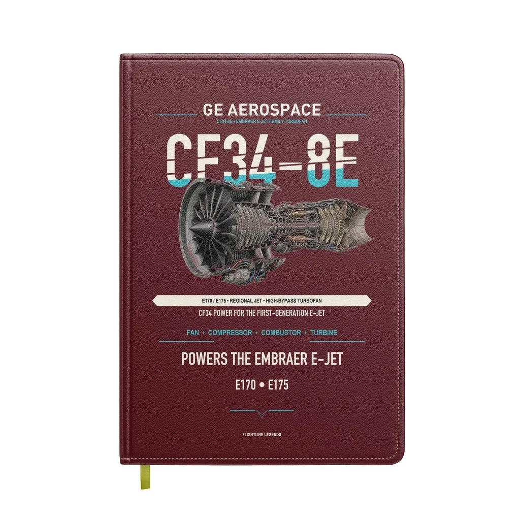CF34-8E design on dark red notebook