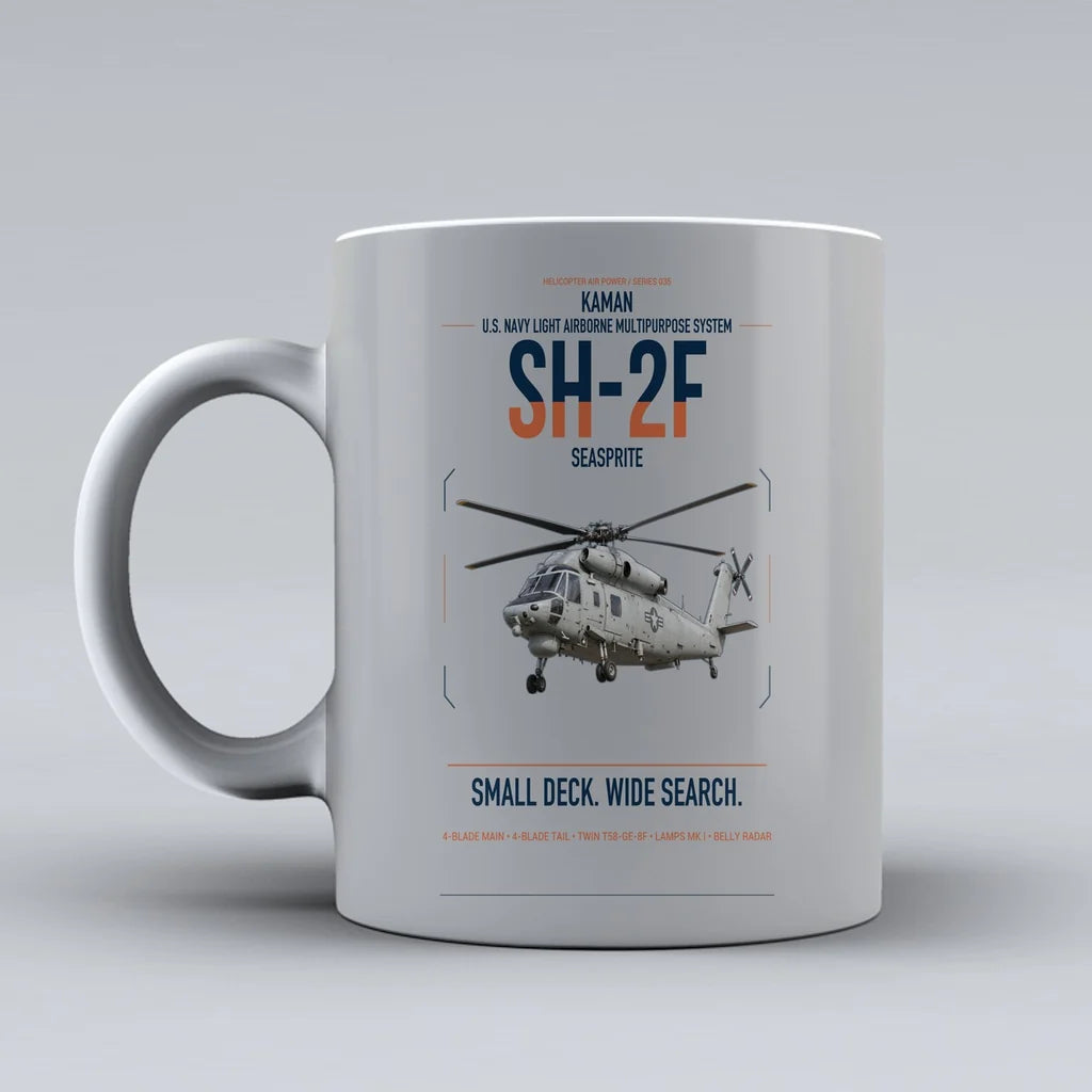Kaman SH-2F Seasprite design on light gray ceramic mug, double-side print