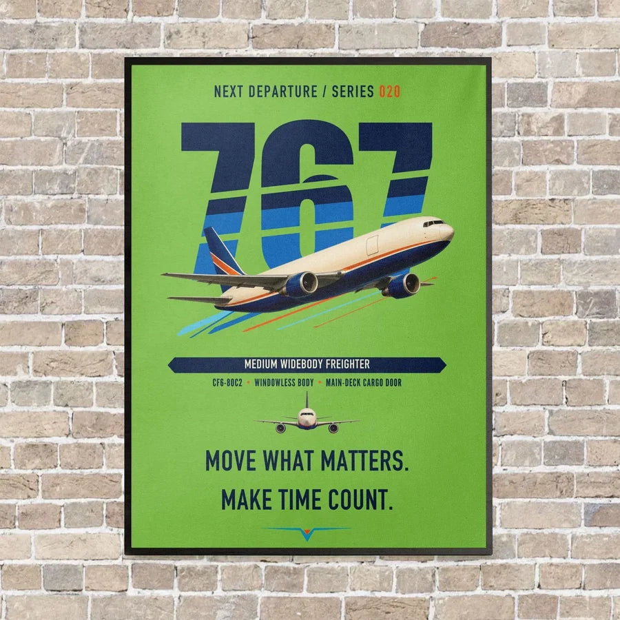 Boeing 767-300F vertical canvas print - framed - light green background