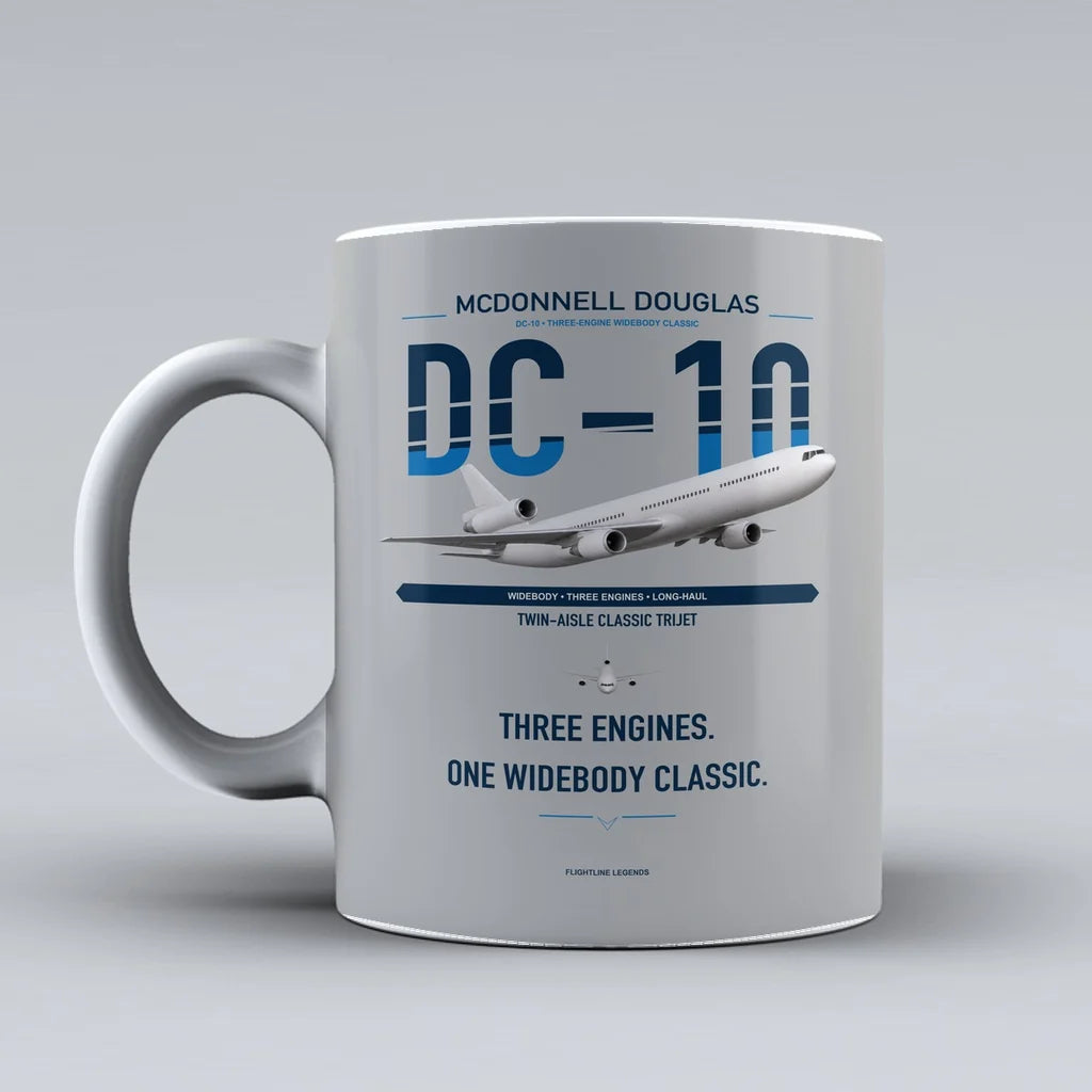 McDonnell Douglas DC-10 design on light gray ceramic mug, double-side print