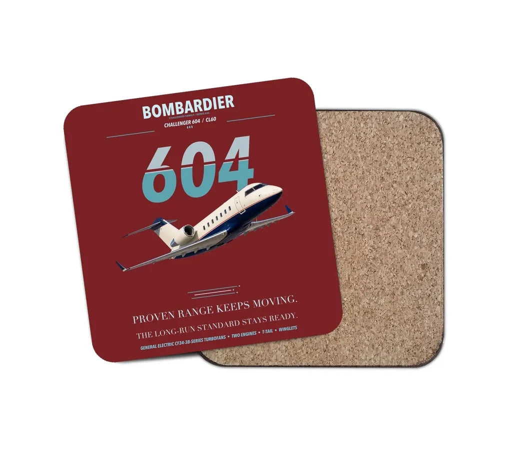 Bombardier Challenger 604 design on dark red 1 piece coaster