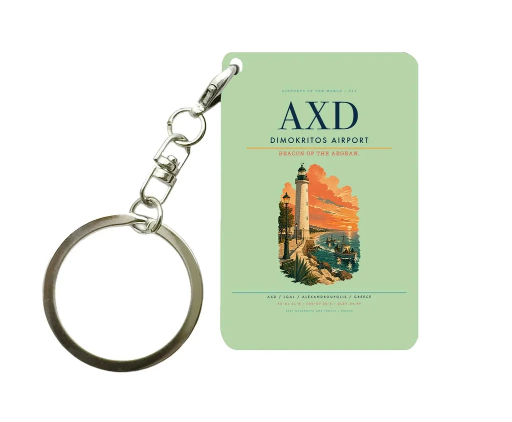 Dimokritos Airport (AXD) design on light green key chain