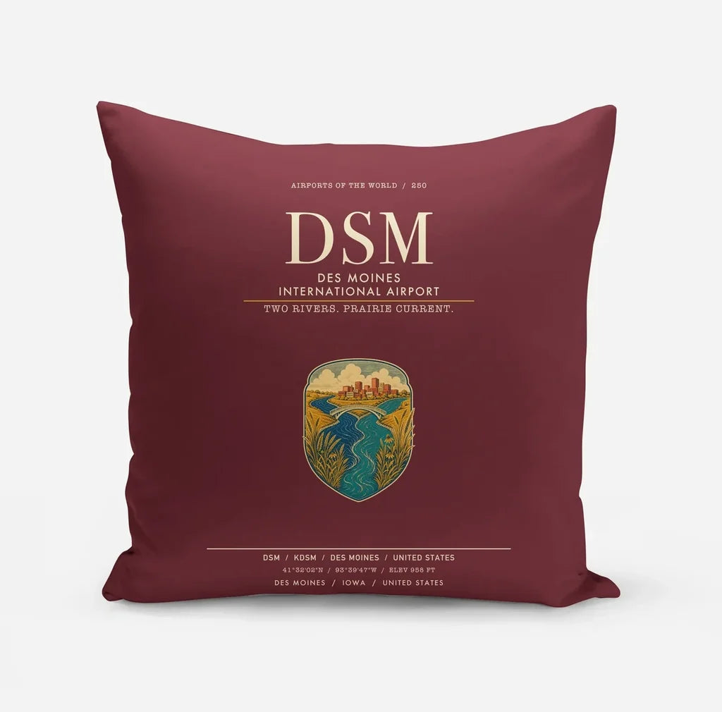 Des Moines International Airport (DSM) design on dark red pillow