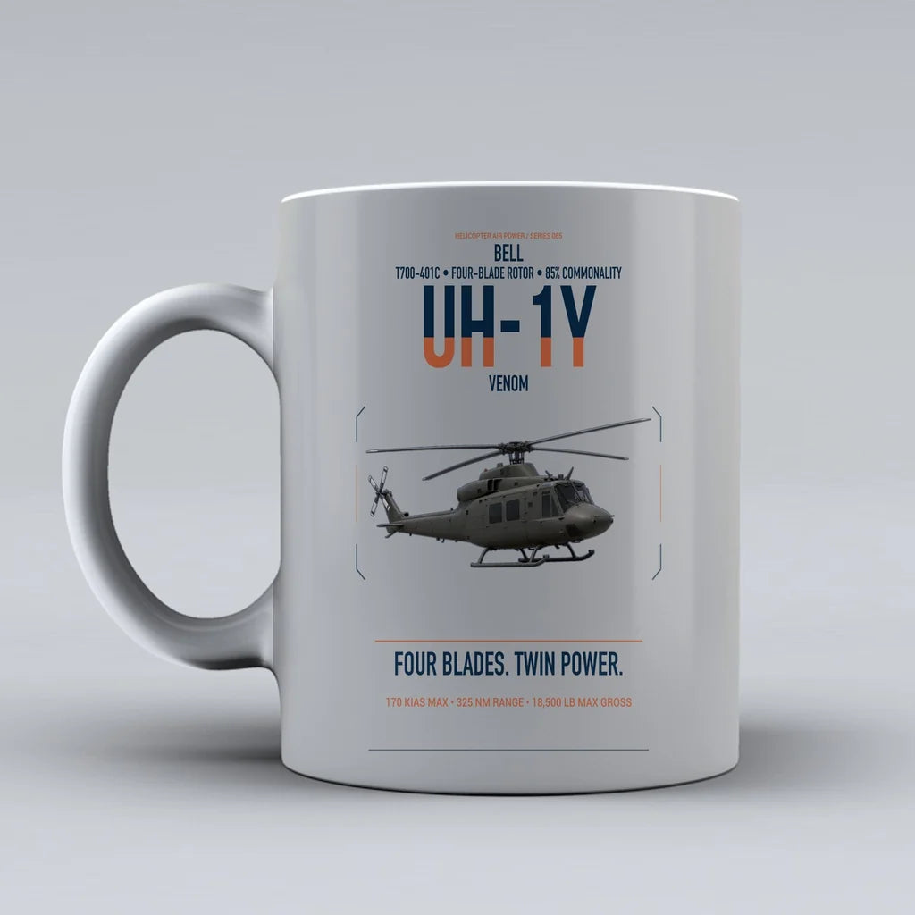 Bell UH-1Y Venom design on light gray ceramic mug, double-side print