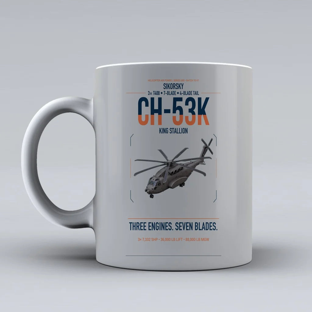 Sikorsky CH-53K King Stallion design on light gray ceramic mug, double-side print