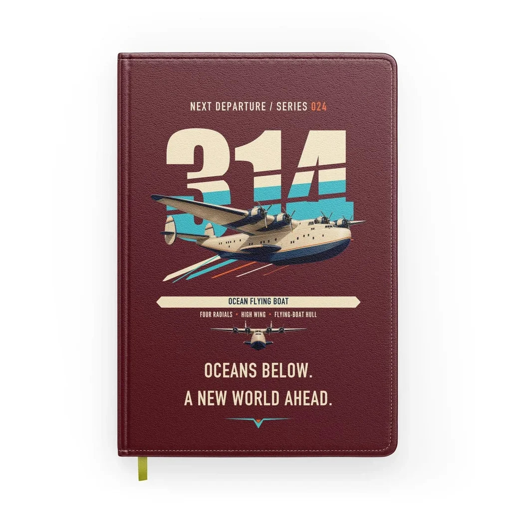 Boeing 314 Clipper design on dark red notebook