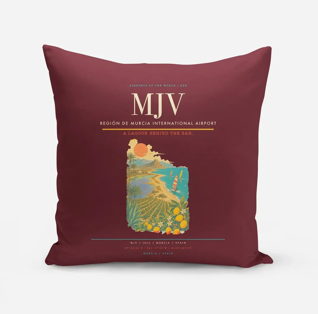 Región de Murcia International Airport (MJV) design on dark red pillow