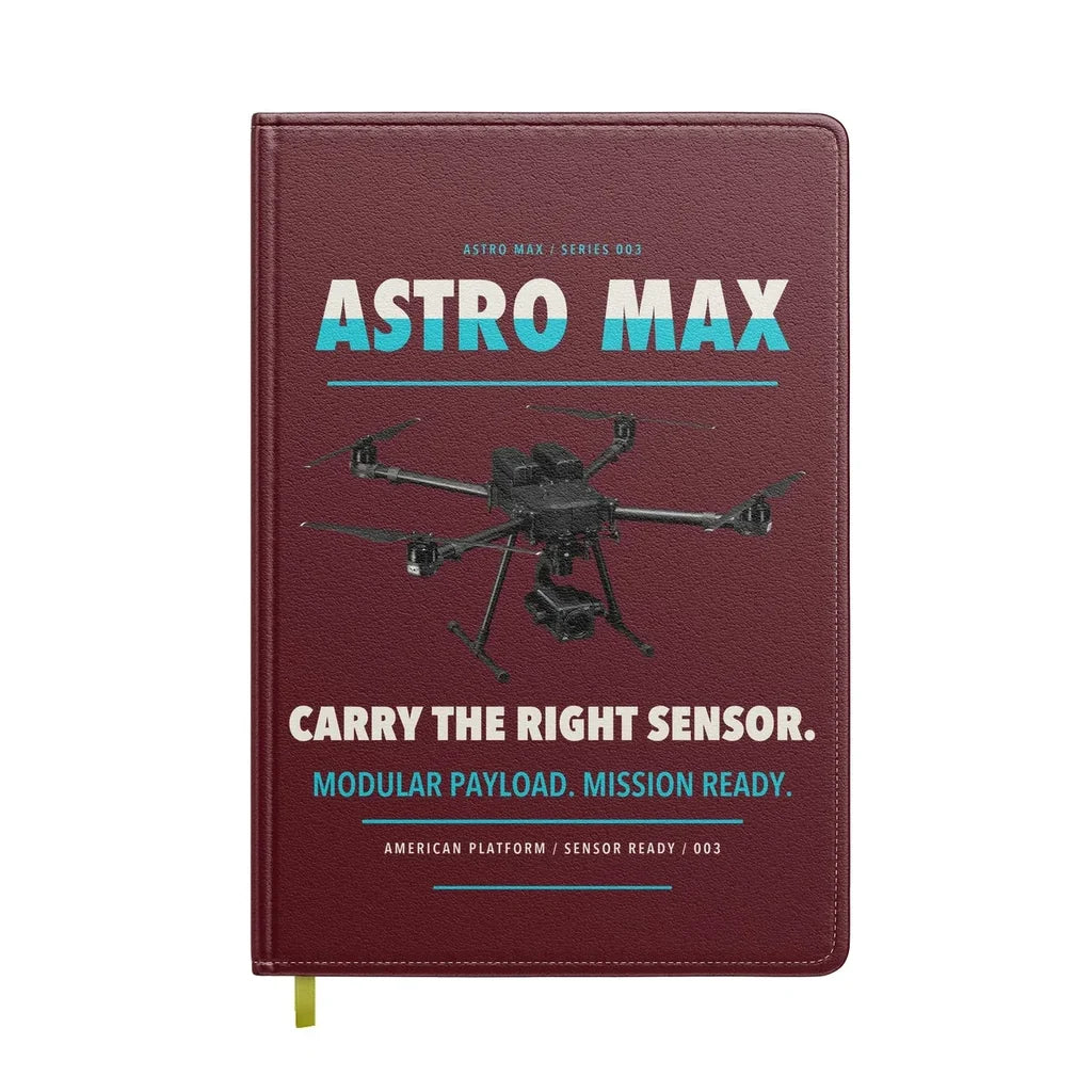 Freefly Astro Max design on dark red notebook