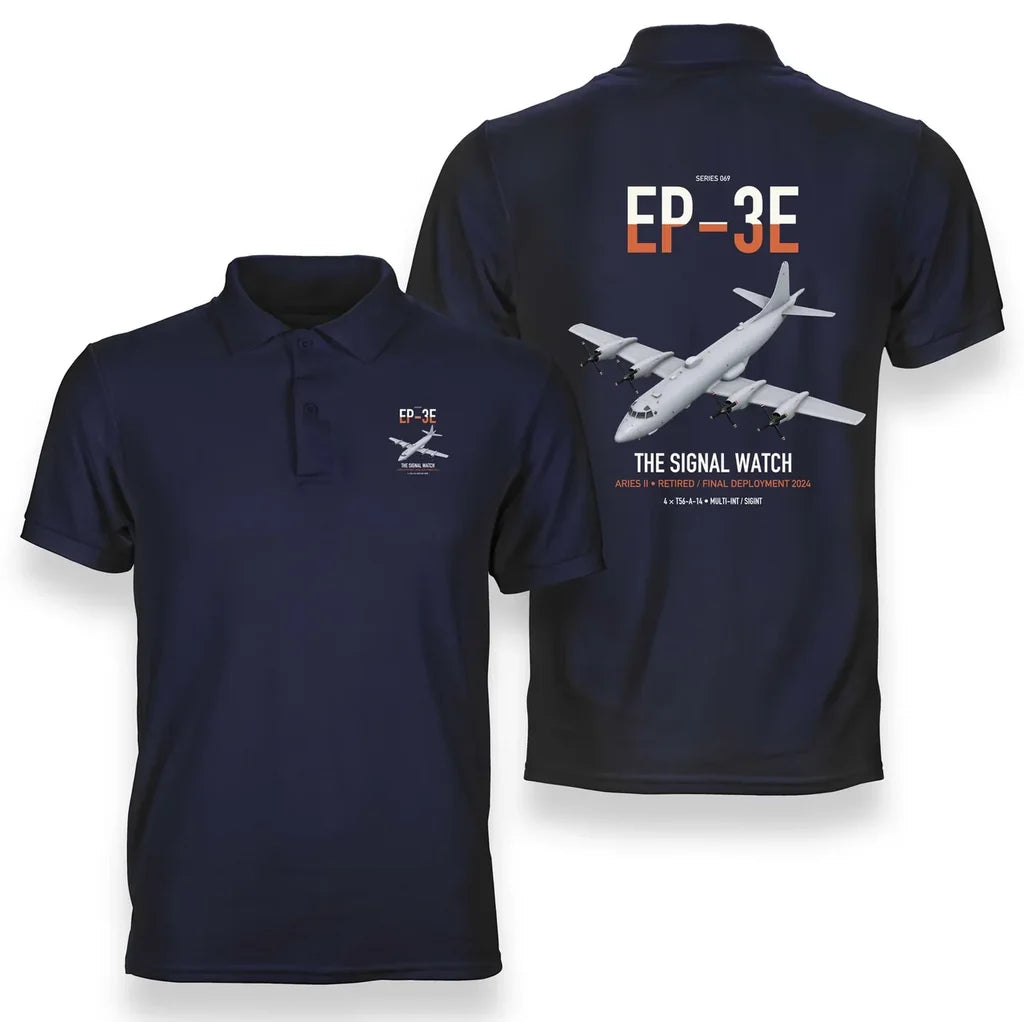 EP-3E ARIES II design on navy blue double-side polo t-shirt, double-side print