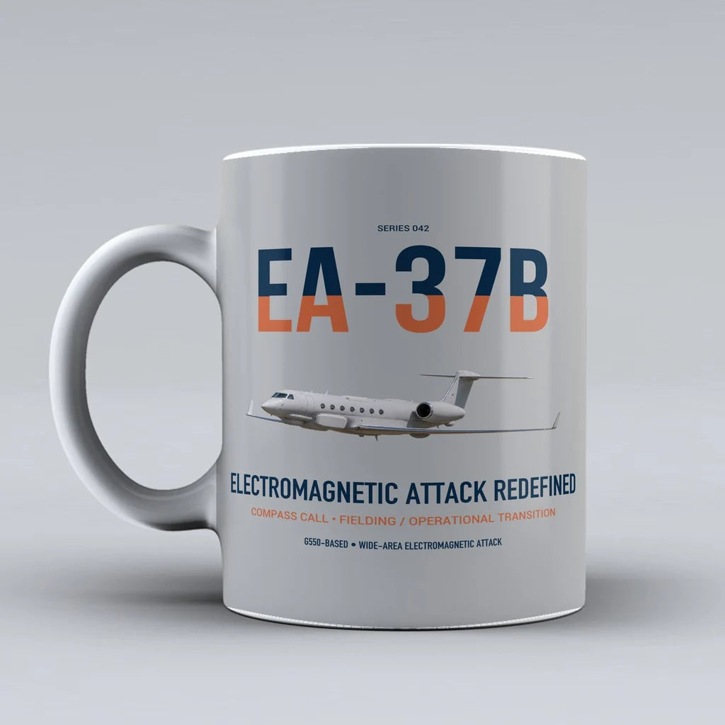 EA-37B Compass Call design on light gray ceramic mug, double-side print