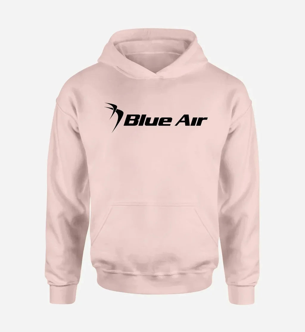 Blue Air logo printed on pink hoodie