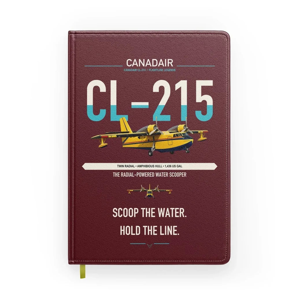 Canadair CL-215 design on dark red notebook