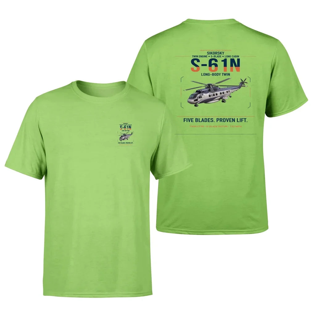 Sikorsky S-61N design on light green t-shirt, double-side print