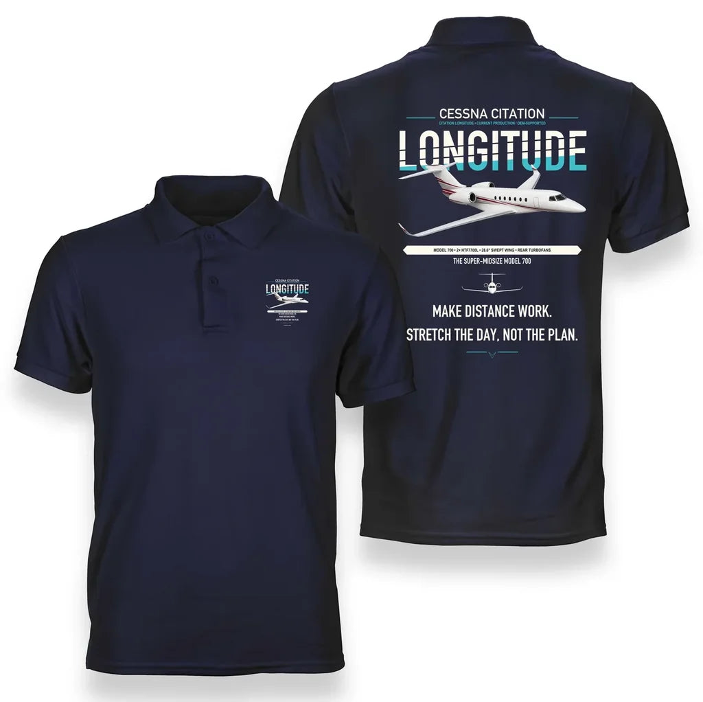 Cessna Citation Longitude design on navy blue double-side polo t-shirt, double-side print