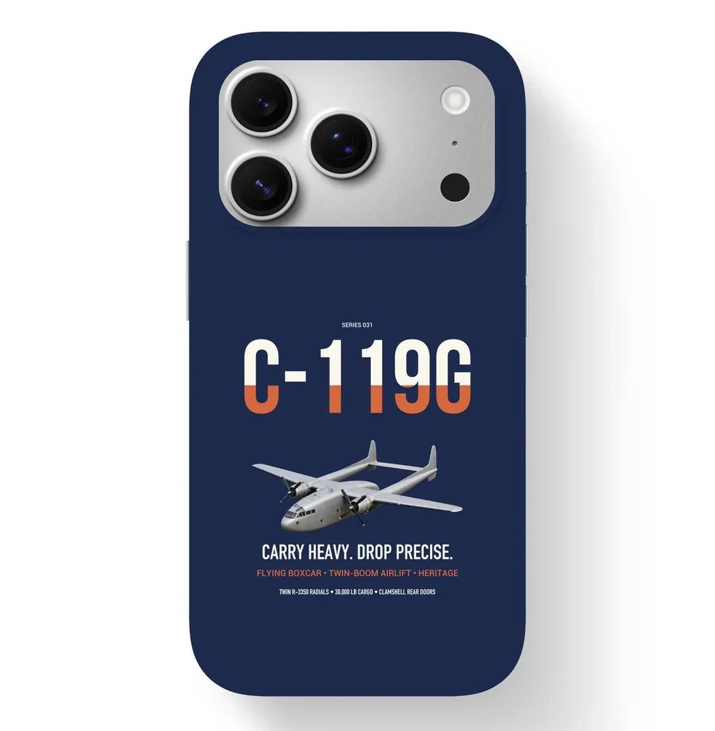 C-119G Flying Boxcar design on navy blue magsafe iphone case, for iPhone 17 Pro
