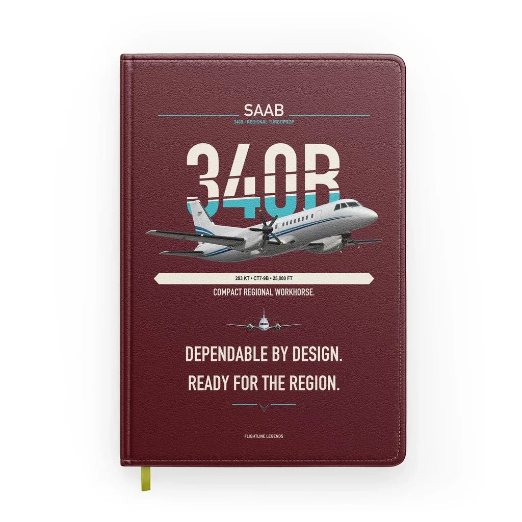Saab 340B design on dark red notebook