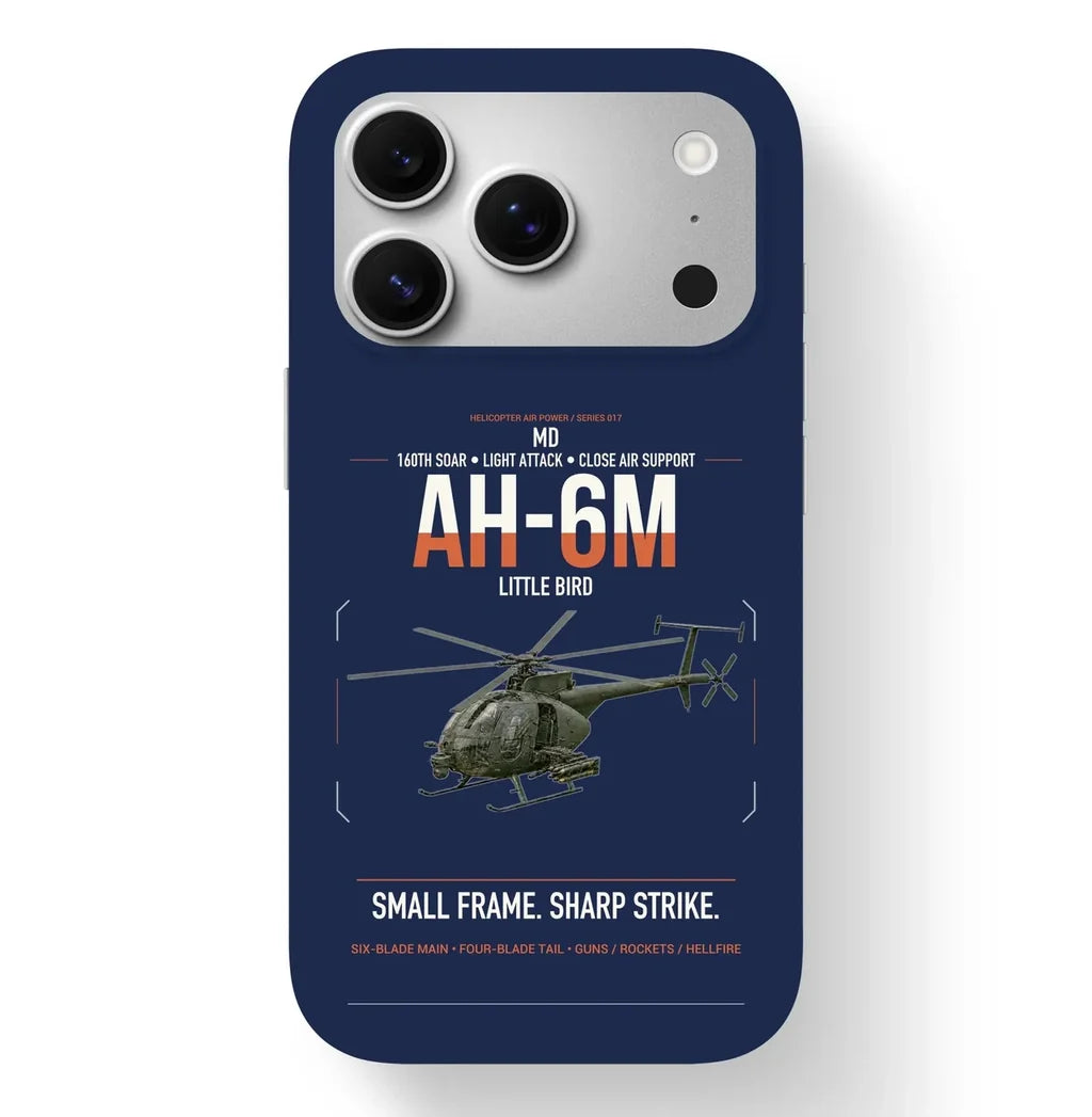 MD AH-6M Little Bird design on navy blue magsafe iphone case, for iPhone 17 Pro