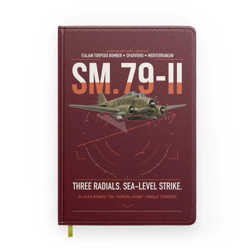 Savoia-Marchetti SM.79-II Sparviero design on dark red notebook