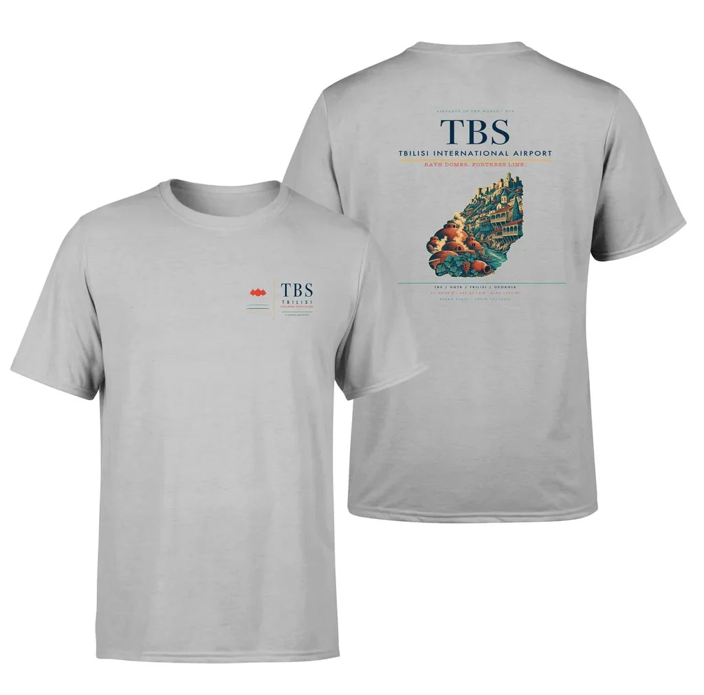Tbilisi International Airport (TBS) design printed on light gray double-side t-shirt