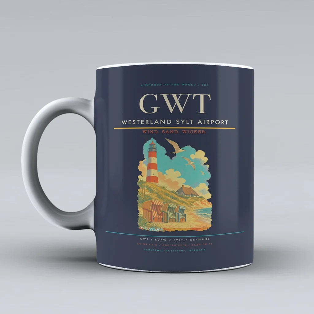 Westerland Sylt Airport (GWT) airport code design on dark blue ceramic mug
