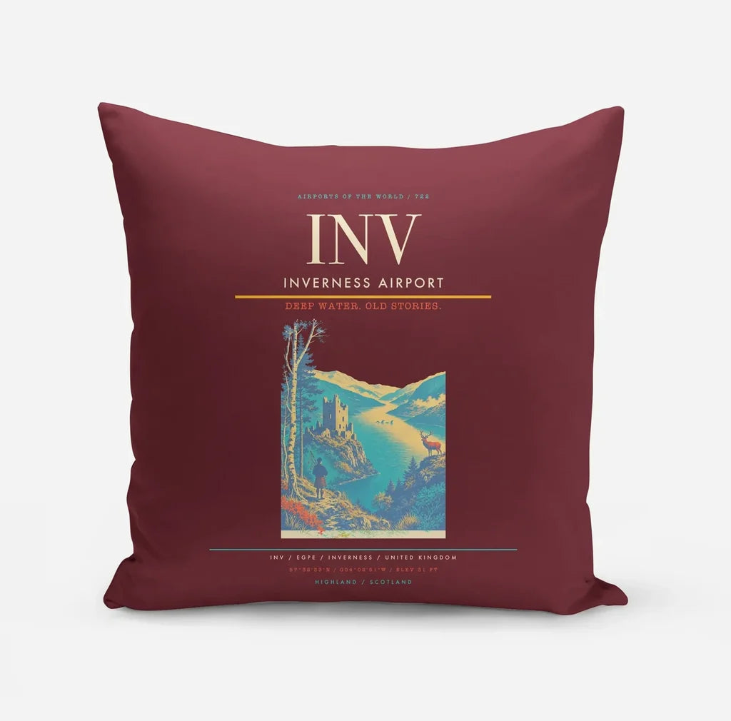Inverness Airport (INV) design on dark red pillow