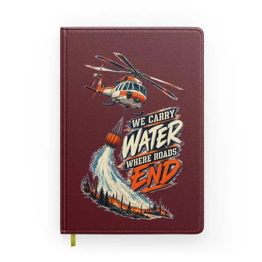 We Carry Water Where Roads End design on dark red notebook
