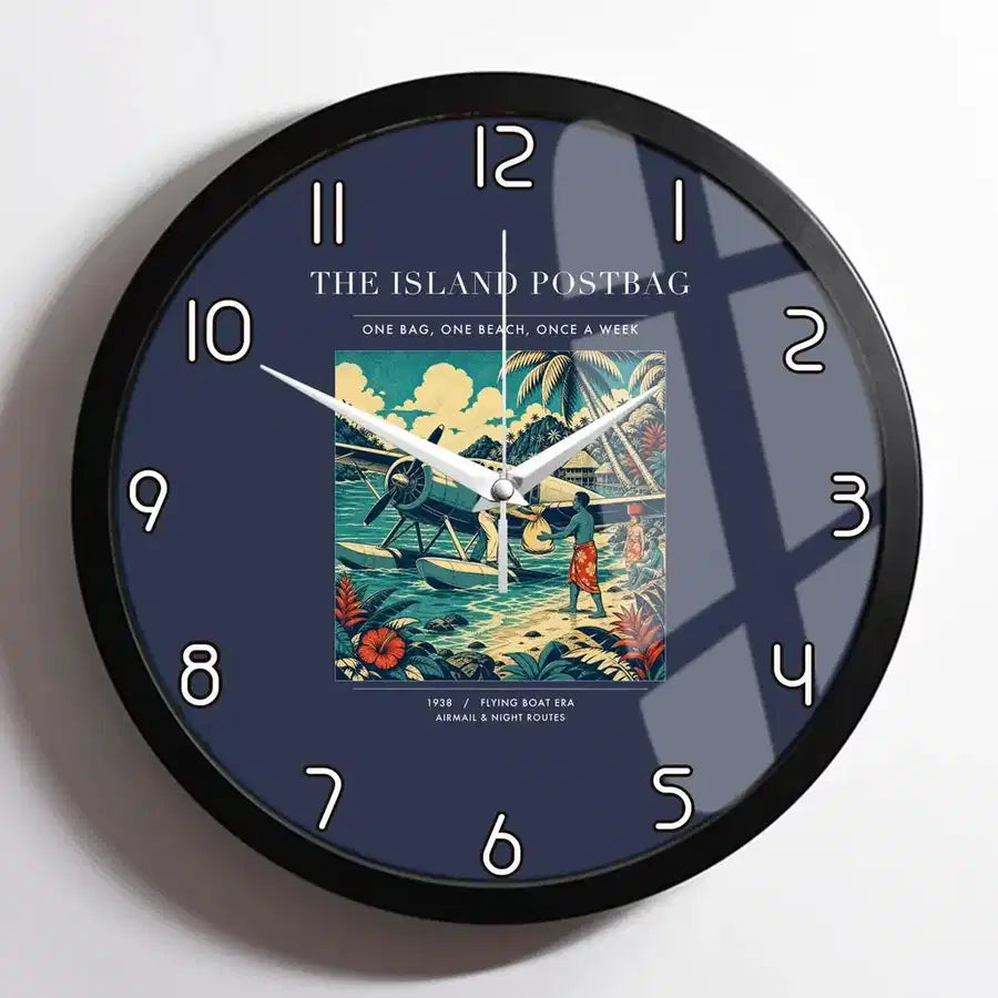 VINTAGE G4154 - The Island Postbag - Designed Wall Clocks design on navyblue framed