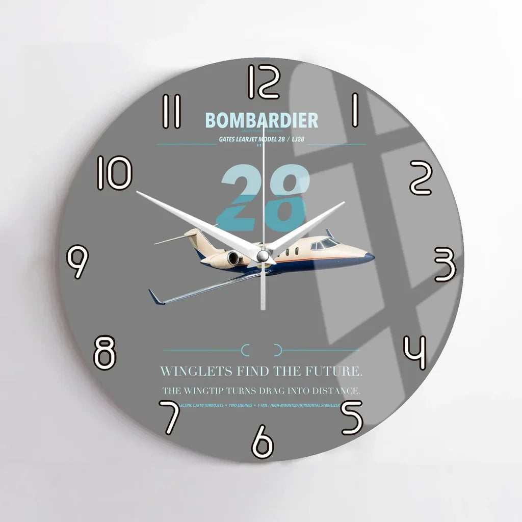 Bombardier Learjet 28 design on gray no frame wall clock