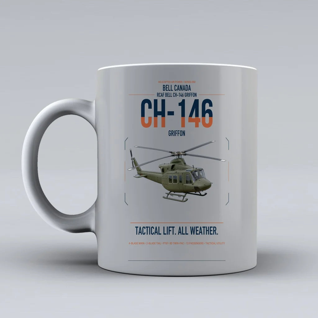 Bell Canada CH-146 Griffon design on light gray ceramic mug, double-side print