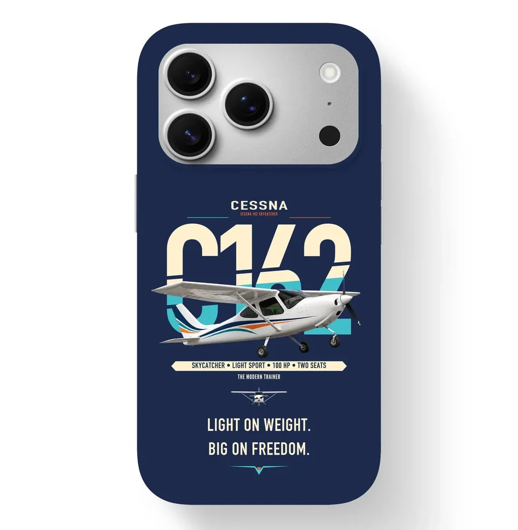 Cessna 162 Skycatcher design on navy blue magsafe iphone case, for iPhone 17 Pro
