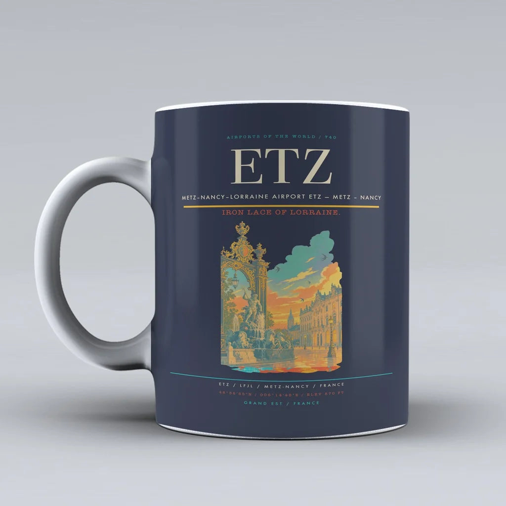 Metz–Nancy–Lorraine Airport (ETZ) airport code design on dark blue ceramic mug