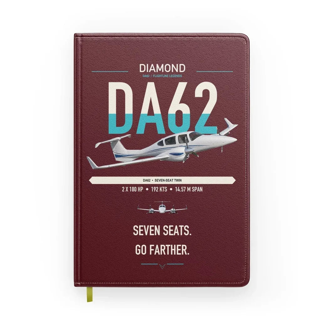 Diamond DA62 design on dark red notebook