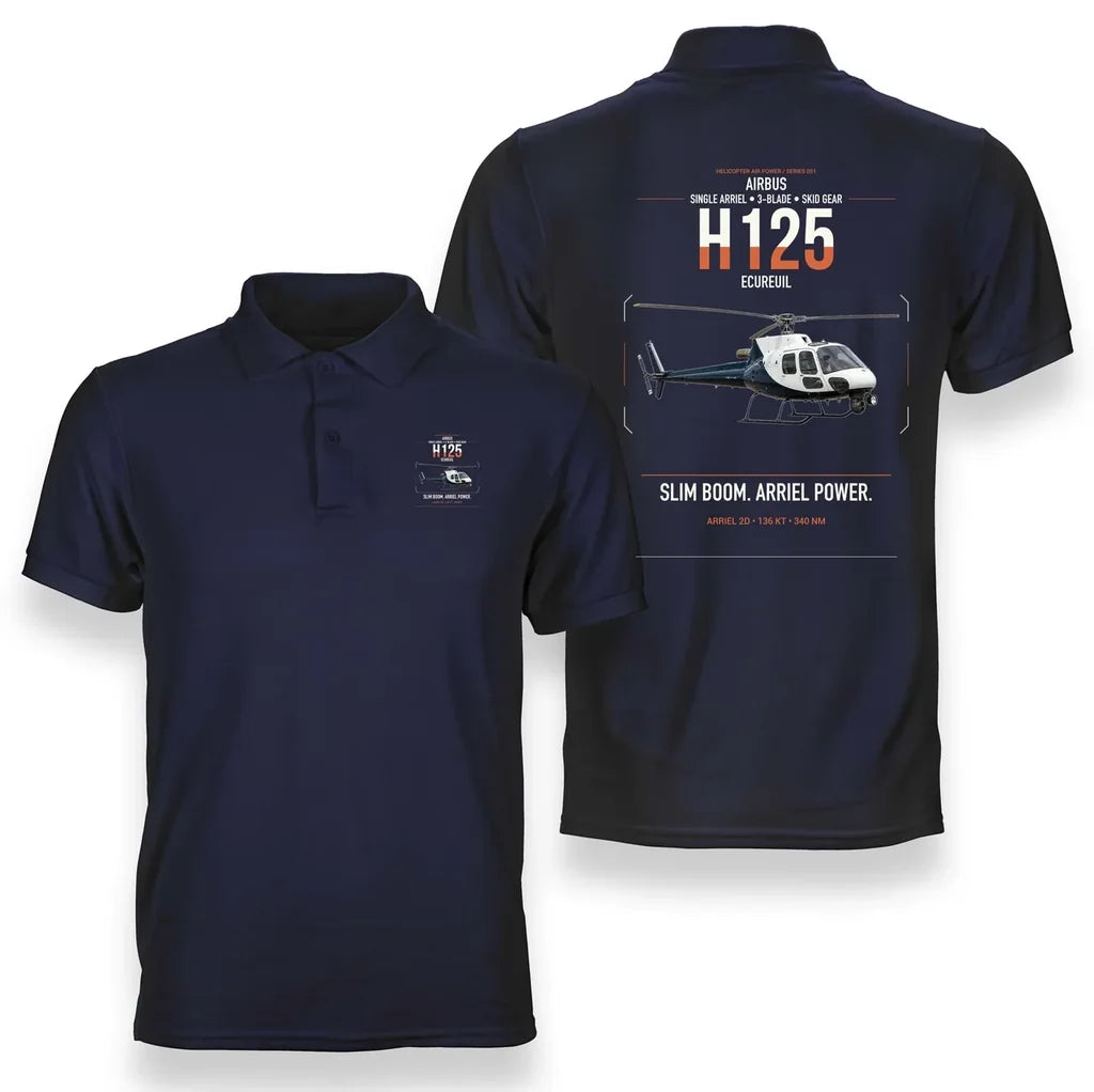 Airbus H125 design on navy blue double-side polo t-shirt, double-side print