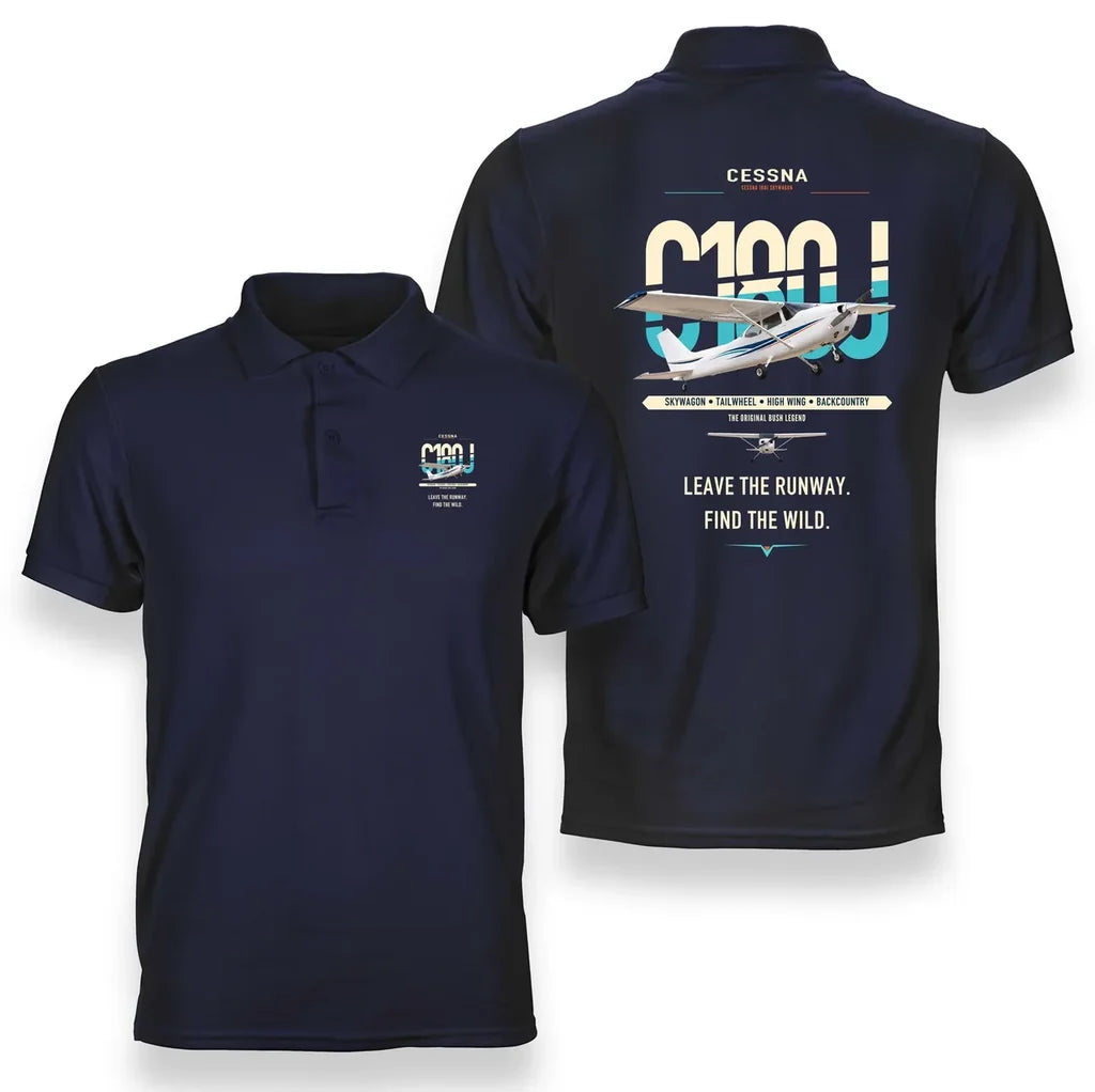 Cessna 180J Skywagon design on navy blue double-side polo t-shirt, double-side print