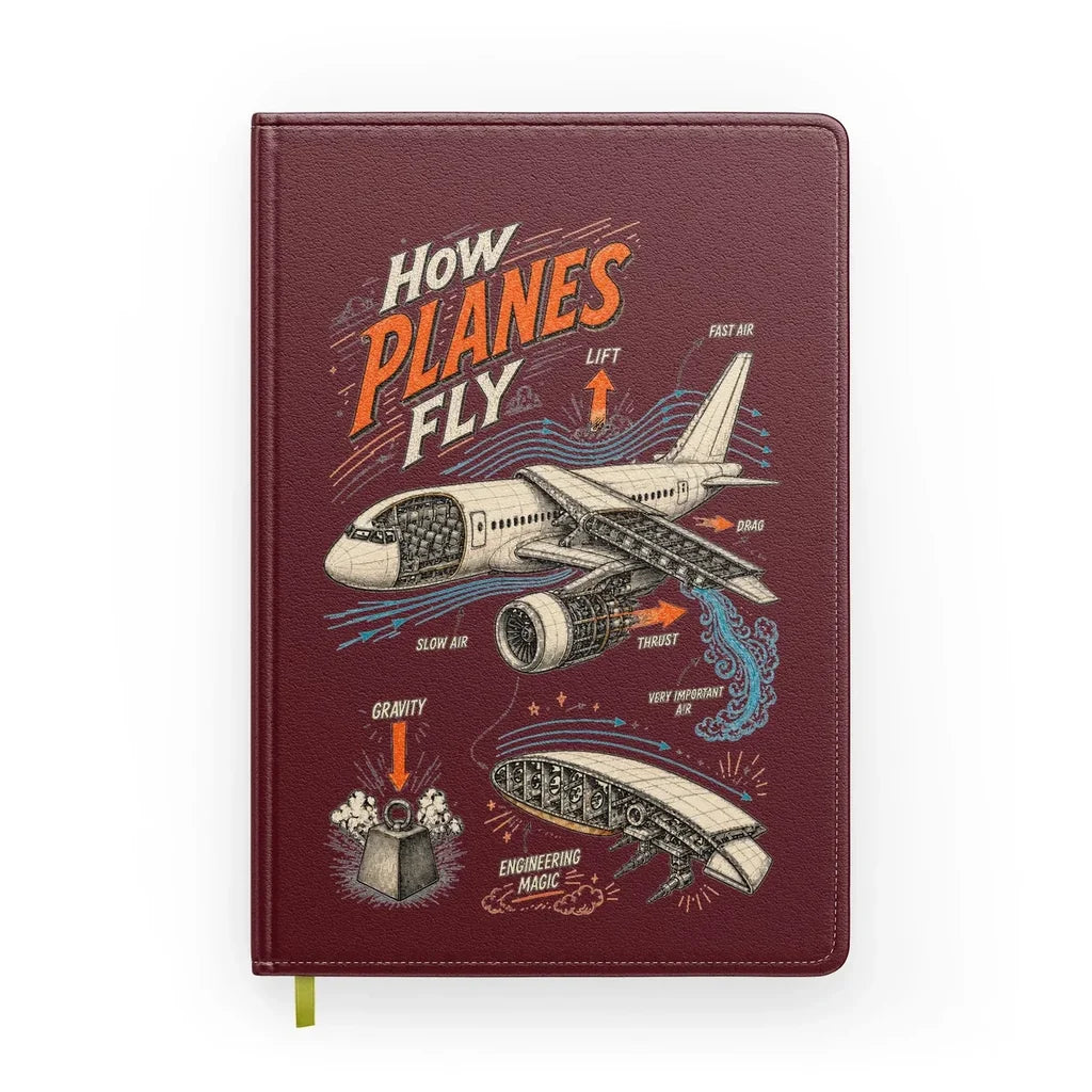 How Planes Fly V2 design on dark red notebook
