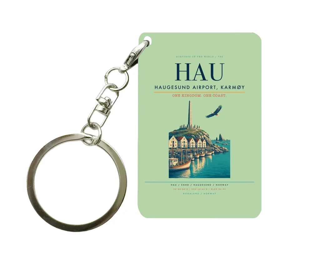 Haugesund Airport, Karmøy (HAU) design on light green key chain