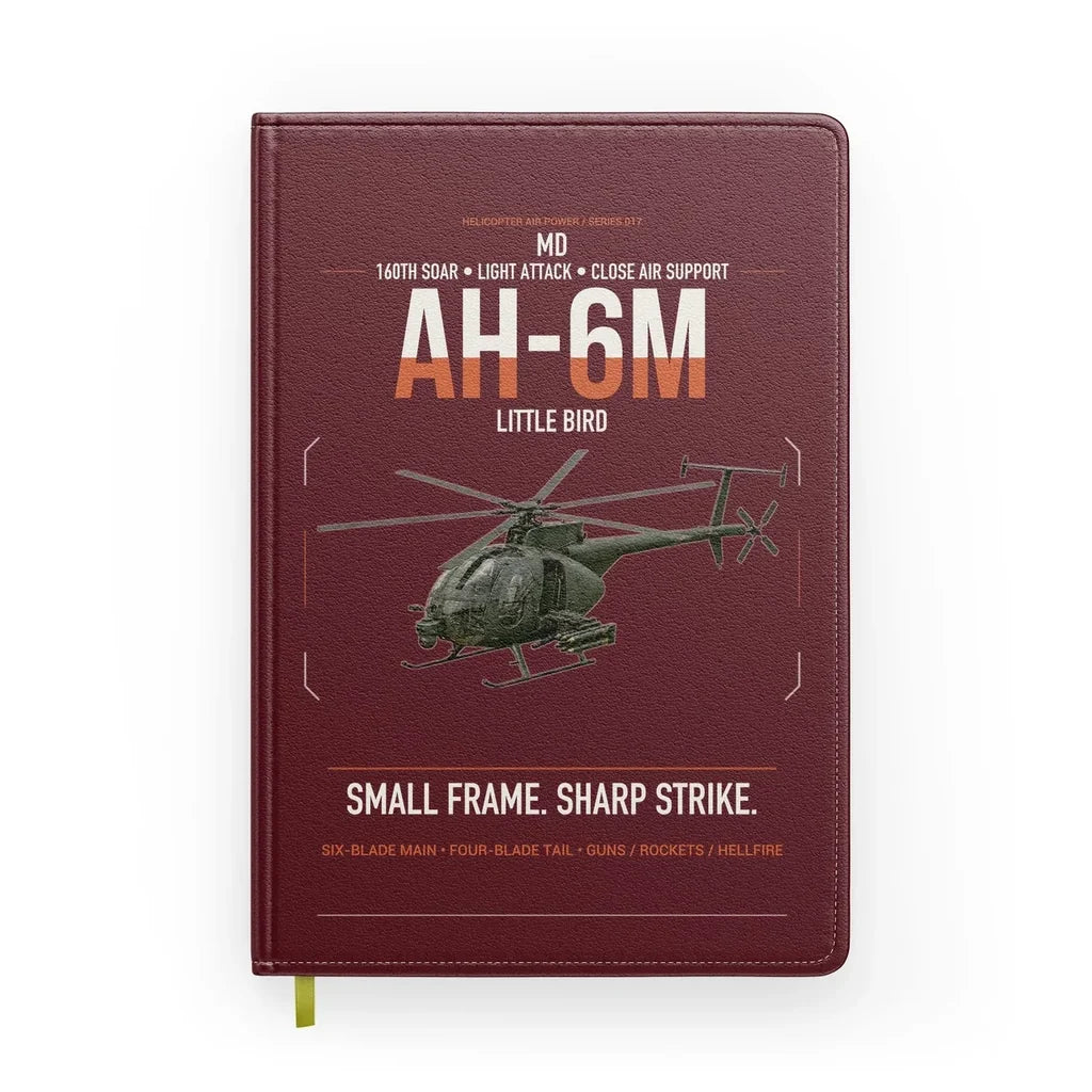 MD AH-6M Little Bird design on dark red notebook