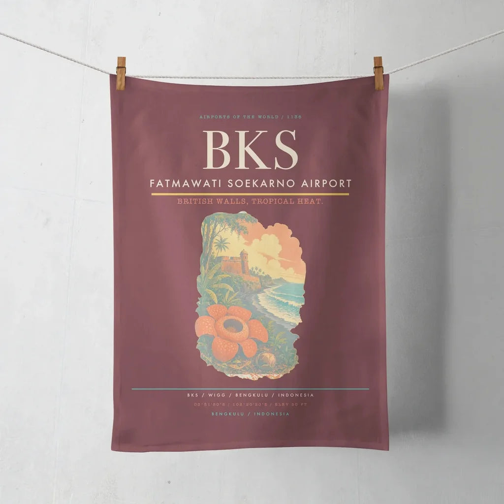 Fatmawati Soekarno Airport (BKS) design on dark red towel