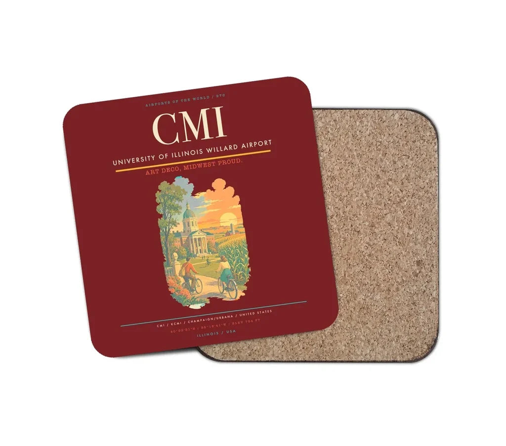 University of Illinois Willard Airport (CMI) design on dark red 1 piece coaster