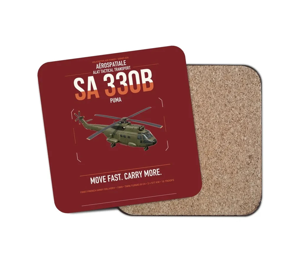 Aérospatiale SA 330B Puma design on dark red 1 piece coaster