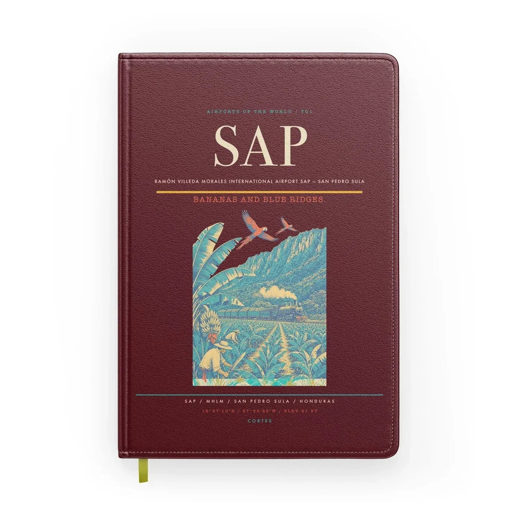 Ramón Villeda Morales International Airport (SAP) design on dark red notebook