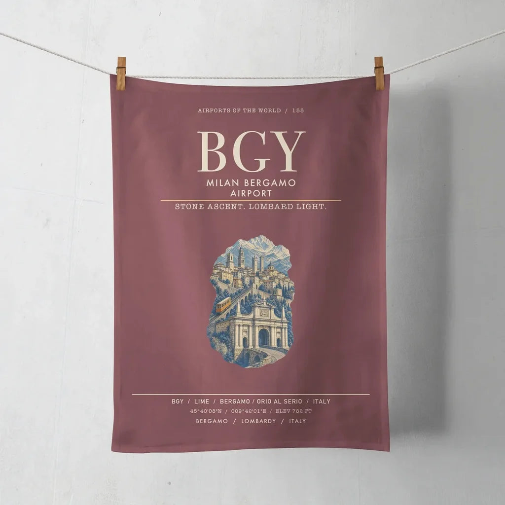Milan Bergamo Airport (BGY) design on dark red towel
