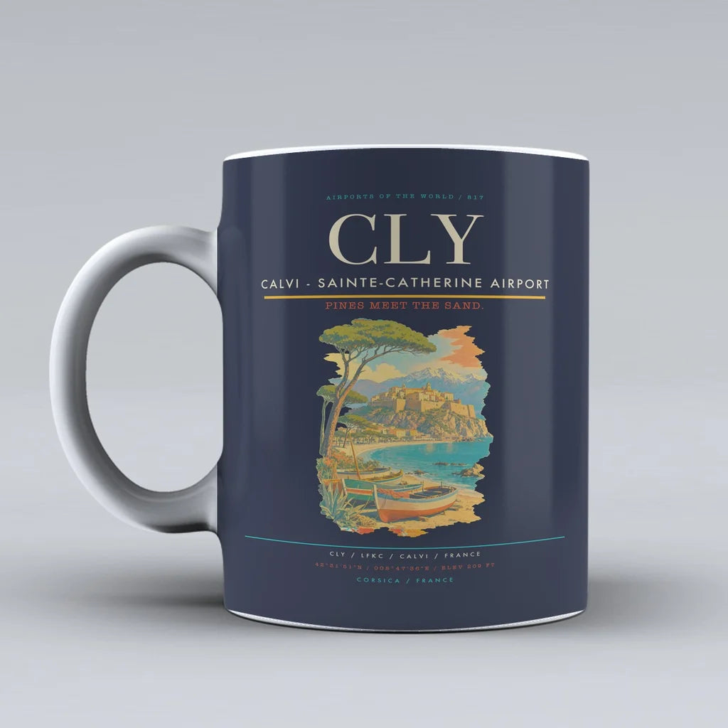 Calvi (CLY) airport code design on dark blue ceramic mug