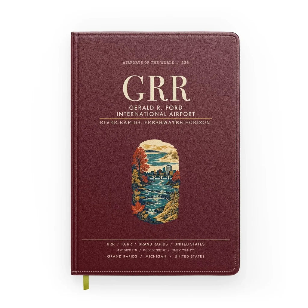 Gerald R. Ford International Airport Grand Rapids (GRR) design on dark red notebook
