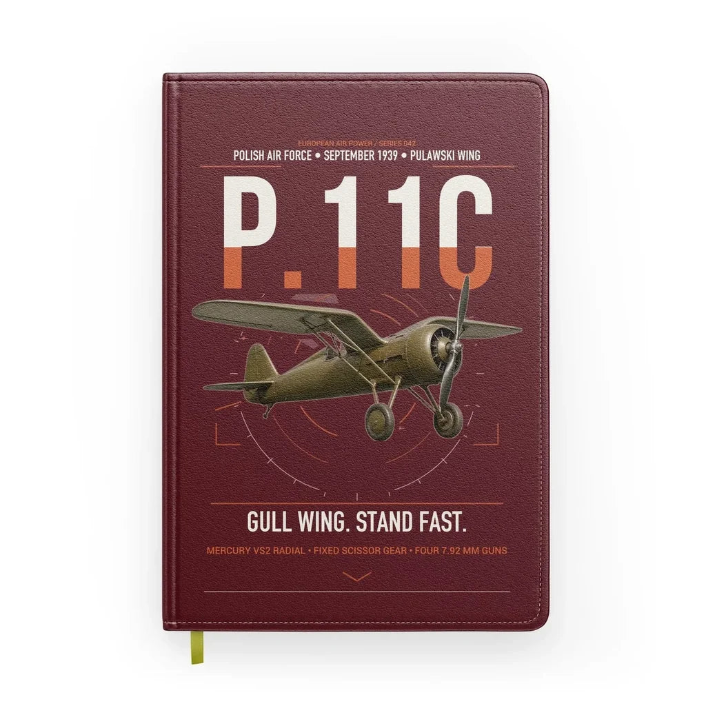 PZL P.11c design on dark red notebook