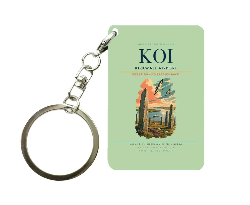 Kirkwall Airport (KOI) design on light green key chain