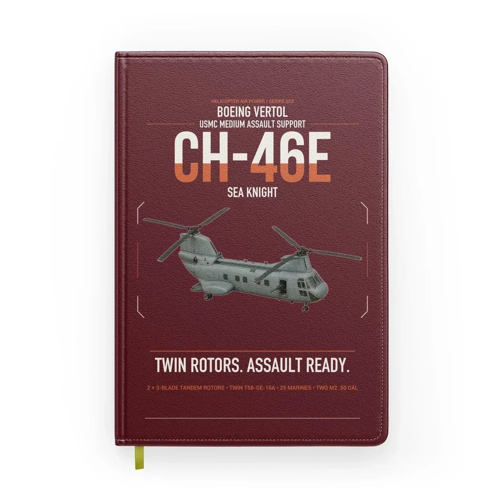Boeing Vertol CH-46E Sea Knight design on dark red notebook